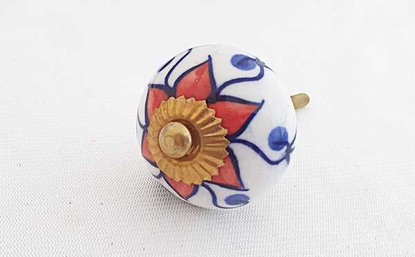 Ceramic red blue white floral design 4cm round door knob
