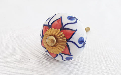 Ceramic red blue white floral design 4cm round door knob DF2