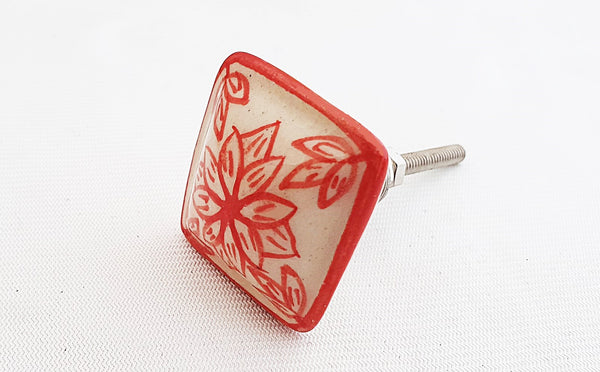 Ceramic red floral design square 3.5cm door knob