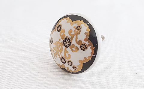 New Ceramic printed vintage style black gold round 4cm door knob d14b
