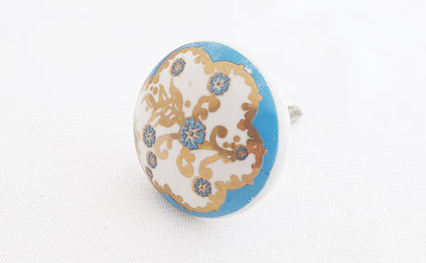 Ceramic printed vintage style blue aqua gold round 4cm door knob d14f
