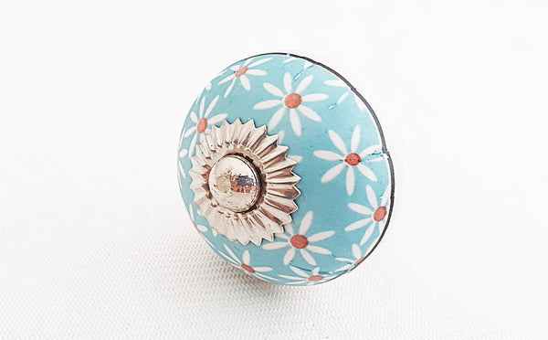 Ceramic spring floral design aqua 4cm round door knob