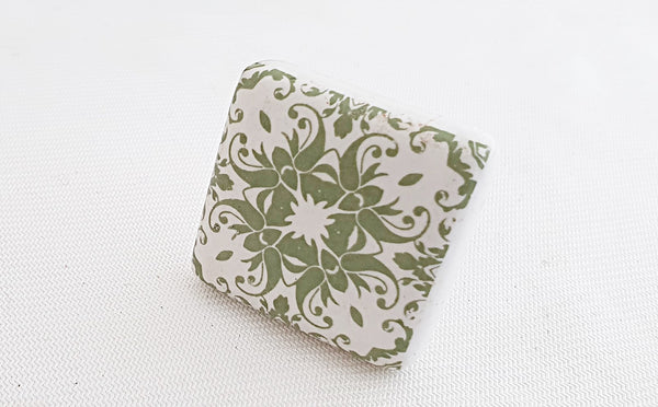 Ceramic olive green printed intricate design 4cm square door knob