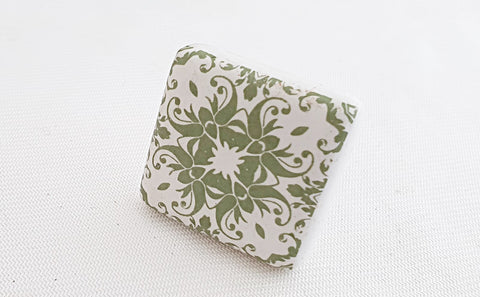 Ceramic olive green printed intricate design 4cm square door knob