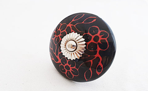 Ceramic big red black Asian retro style 5.5cm round door knob d6a