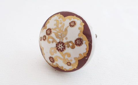 Ceramic printed vintage style maroon gold round 4cm door knob e2f