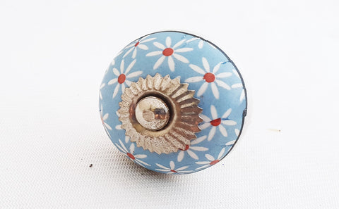 Ceramic spring flower design blue 4cm round door knob D14c