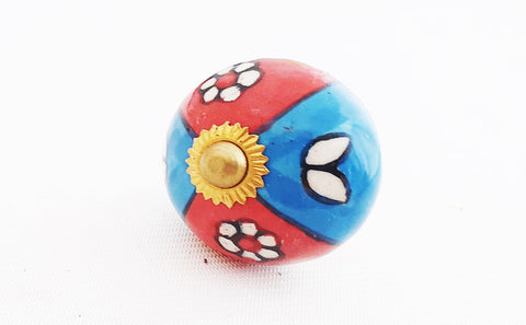 Ceramic red blue funky floral Floral design 4cm round door knob SB