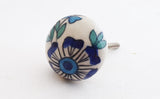 Ceramic beautiful delicate floral design blue round 4cm door knob