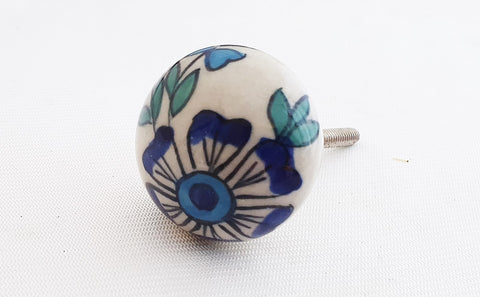 Ceramic beautiful delicate floral design blue round 4cm door knob