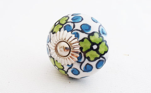Ceramic blue green intricate floral design 4cm round door knob