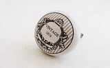 Ceramic white vintage style 1874 printed 4cm round door knob E11