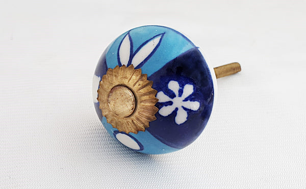 Ceramic aqua blue floral design 4cm round door knob G10