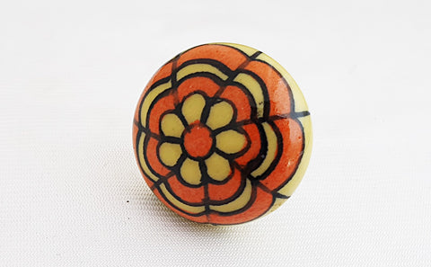 Ceramic orange yellow funky floral  4.5cm round door knob D3