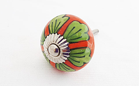 Ceramic green orange floral 4cm round door knob D5