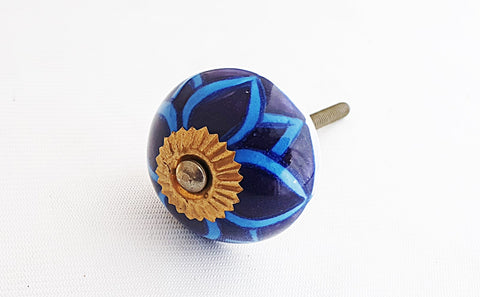 Ceramic blue turquoise floral 4cm round door knob F6