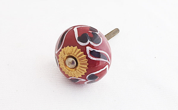 Ceramic maroon leafy design 4cm round door knob d18c
