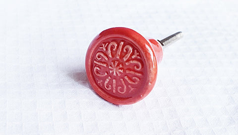 Ceramic small red shabby chic embossed round 3cm door knob D14b