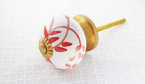 Ceramic red and white delicate floral design 4cm round door knob d16a