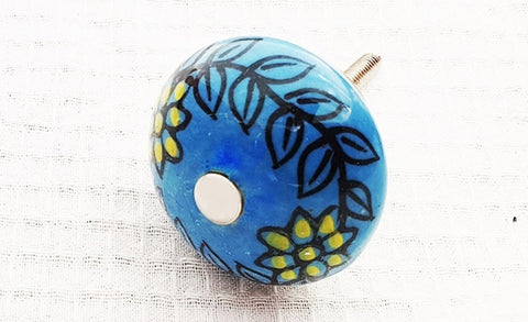 Ceramic aqua yellow floral design 4cm round door knob C7b