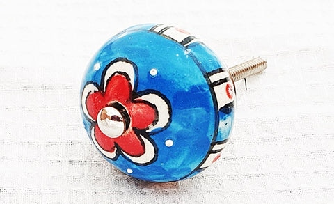 Ceramic aqua red floral design 4cm round door knob e11a