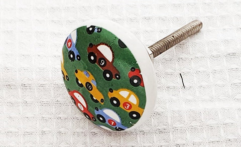 Ceramic green colorful cars kids print 4cm round door knob