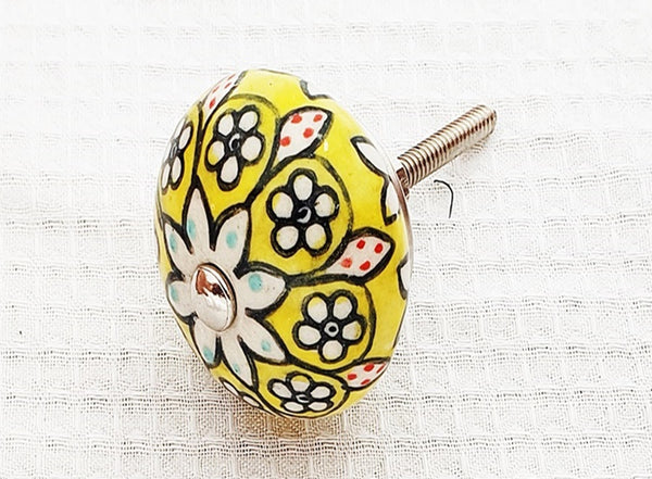 Ceramic lemon yellow delicate floral design 4cm round door knob B6
