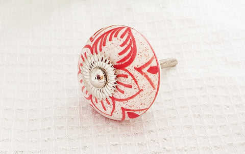 Ceramic red white  delicate floral design 4cm round door knob d9b