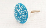 Ceramic stunning blue aqua unique delicate print 4cm round door knob F21