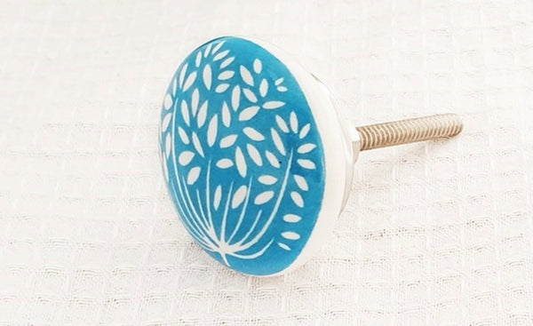 Ceramic stunning blue aqua unique delicate print 4cm round door knob F21