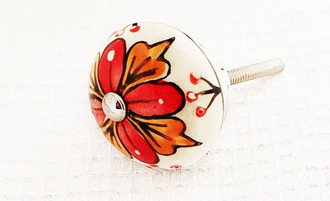 Ceramic white red orange beautiful floral design 4cm round door knob e4a