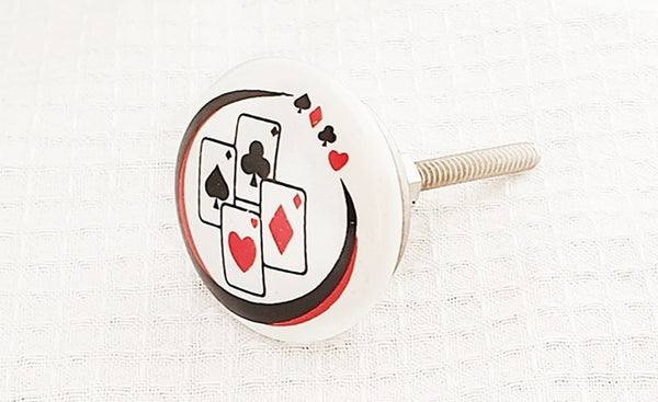 Ceramic black red white playing cards print 4cm round door knob E4