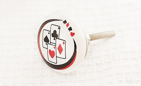 Ceramic black red white playing cards print 4cm round door knob d7c