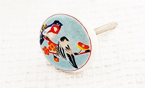 Ceramic delicate shabby chic beautiful aqua red birds print 4cm round door knob E7