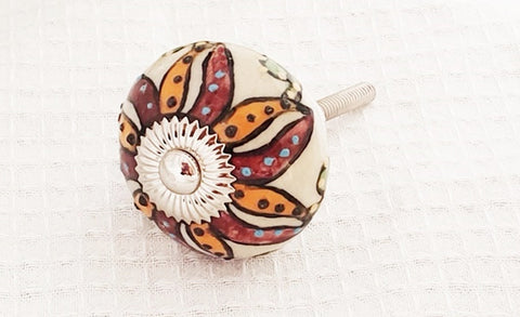 Ceramic burgundy orange unique embossed floral design 4cm round door knob C11a