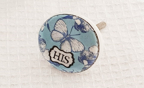 Ceramic delicate shabby chic "HIS" blue butterfly print 4cm round door knob e15a