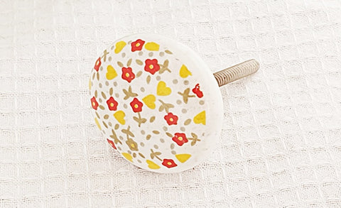 Ceramic delicate shabby chic red yellow flowers print 4cm round door knob e9c