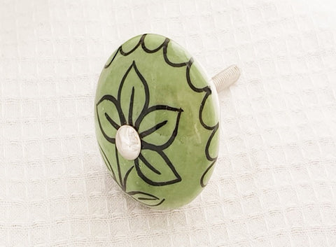 Ceramic green black delicate floral design 4cm round door knob SB