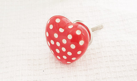 Ceramic shabby chic funky heart shape red white dots 5cm door knobs RC1