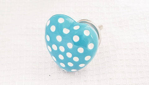 Ceramic shabby chic funky heart shape aqua blue white dots 5cm door knobs RC1