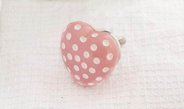 Ceramic shabby chic funky heart shape pink white dots 5cm door knobs F17