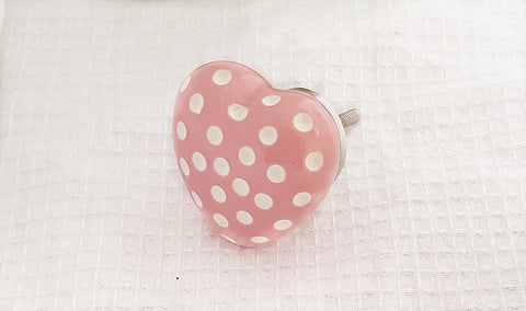 Ceramic shabby chic funky heart shape pink white dots 5cm door knobs RC1