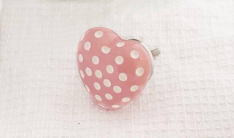 Ceramic shabby chic funky heart shape pink white dots 5cm door knobs F17