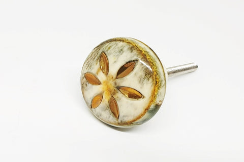 Bone/Resin unique embossed flower natural color with gold 4cm round door knob