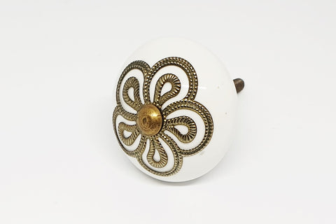 Ceramic elegant white metal floral decor vintage style 4cm round door knob handles C17c
