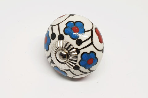 Ceramic 4cm red blue white intricate floral 4cm round door knob handles