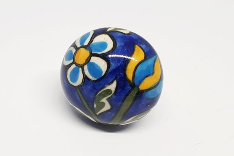 Ceramic blue yellow floral design 4cm round door knob pulls handles D14d