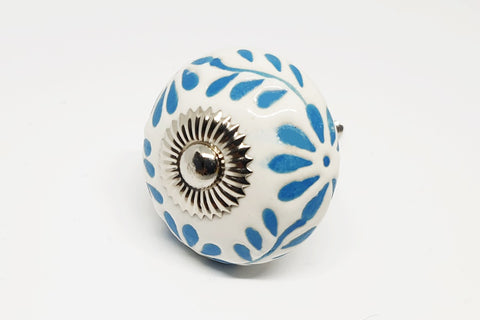 Ceramic white blue turquoise unique funky design flower embossed 4cm round door knob handles