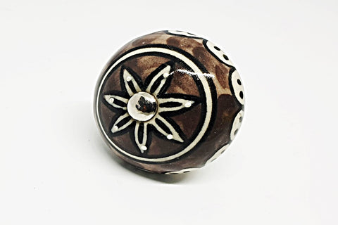 Ceramic earthy colors brown delicate embossed design 4cm round door knob handles C13c