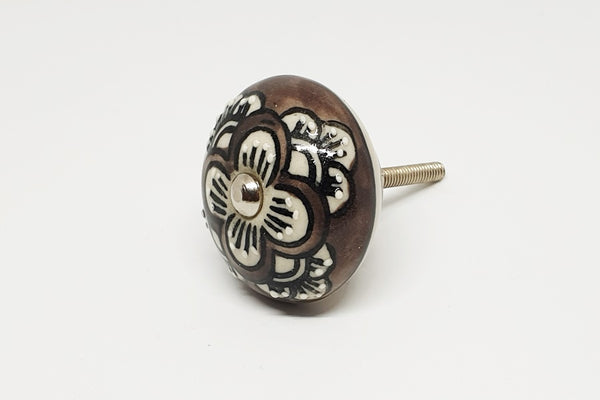 Ceramic earthy colors brown delicate floral embossed design 4cm round door knob B4